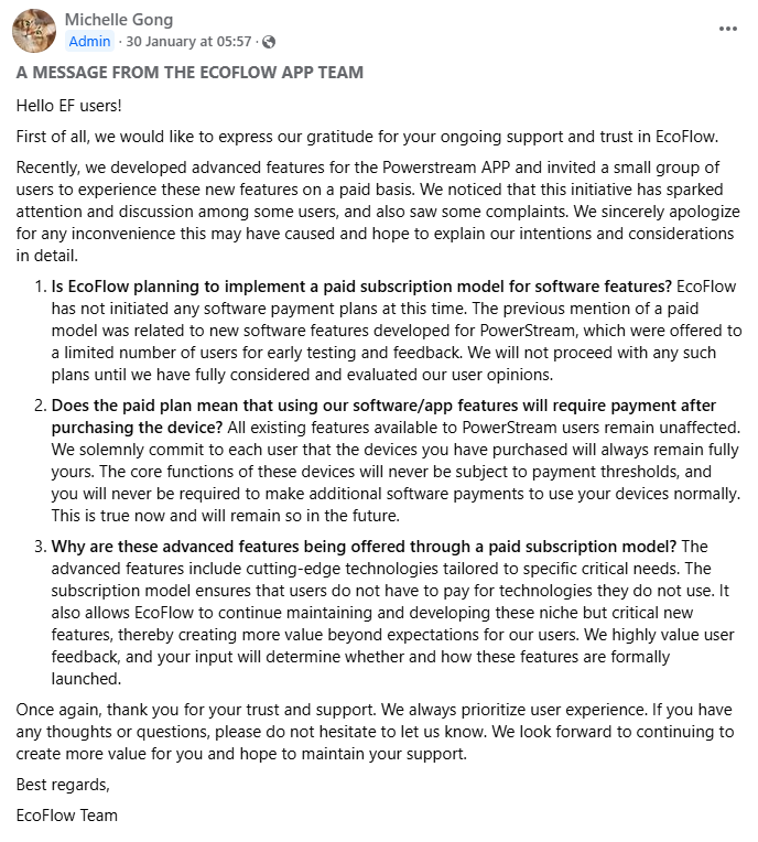 EcoFlow's statement addressing customer concerns about a new subscription model. (Image source: EcoFlow via Facebook)