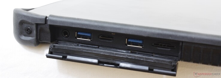 Right: 3.5 mm combo audio, 2x USB 3.0 Type-A, MicroSD reader, Mini SIM slot