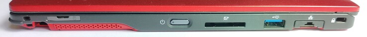 Right side: stylus slot, SIM card slot, power button, SD card reader, 1x USB Type-A 3.1 Gen1, GigabitLAN, Kensington lock