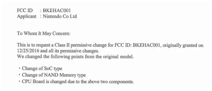 A snippet from Nintendo's FCC filing. (Source: FCC)