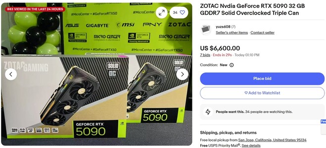 RTX 5090 bidding in progress. (Image source: eBay)