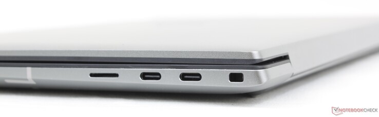 Right: MicroSD reader (optional), 2x USB-C w/ Thunderbolt 4 + DisplayPort + Power Delivery, Wedge lock