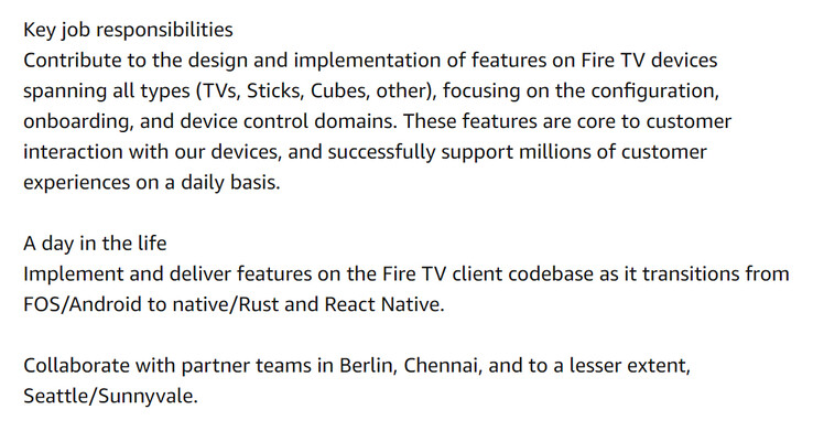 Key responsibilities and a day in life sections of the job listing (Image source: Amazon)