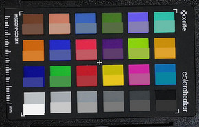 Photograph of ColorChecker colors. The target color is in the bottom half of each box.