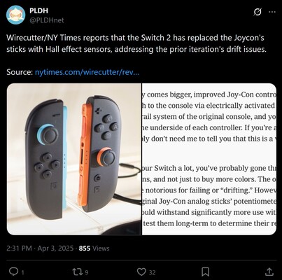 NY Times Wirecutter Switch 2 Joy-Cons impressions X post (Image source: screenshot, PLDH X account)
