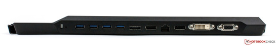 Port replicator: Kensington lock, 4 x USB 2.0, eSATA, DisplayPort, LAN, DisplayPort, DVI, VGA