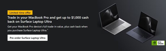Microsoft takes aim at Apple with $1,000 cash back offer for MacBook Pro owners.