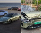 The Xiaomi SU7 came off much worse in the collision with the Tesla Model Y. (Image source: Xiaomi/@Tslachan - edited)