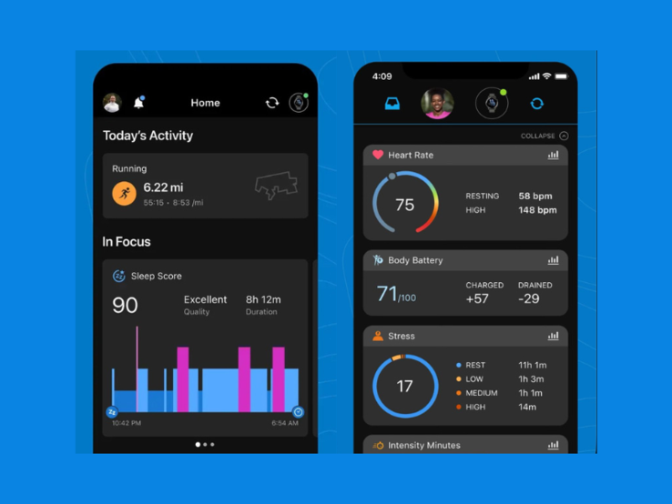 Screenshots comparing the new (left) and old (right) versions of the Garmin Connect app home screen. (Image source: Garmin)