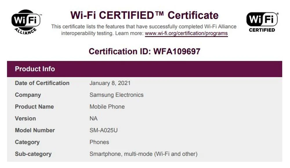 Samsung Galaxy M01 with Android 10 certified by the Wi-Fi Alliance