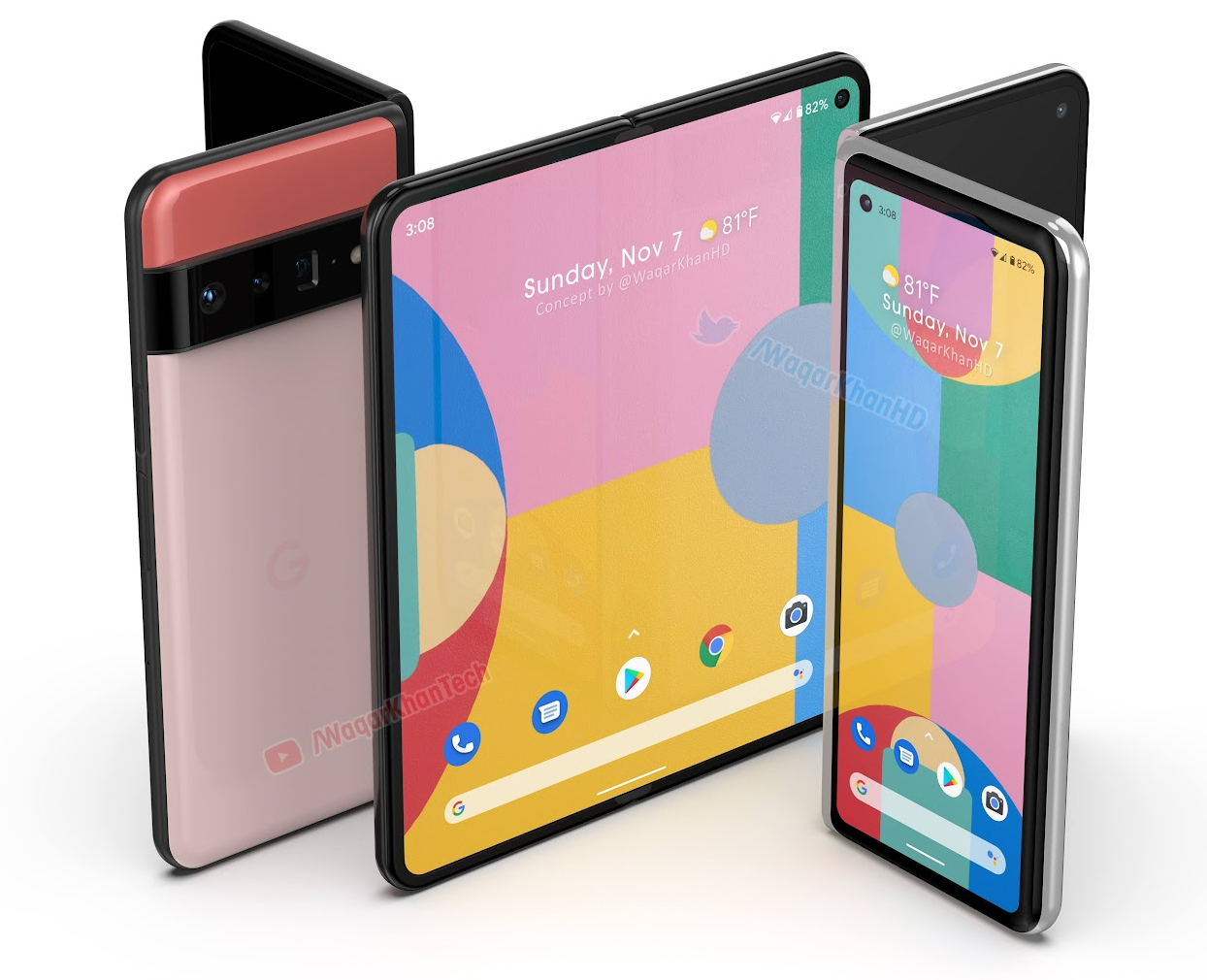  The image shows three Google Pixel 9 Pro Fold smartphones with different color finishes.