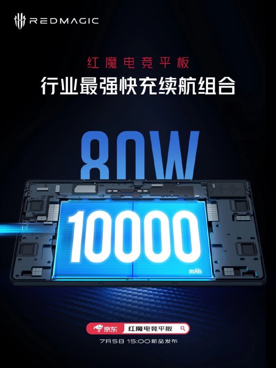 C'est officiel : la nubia Red Magic Gaming Tablet est dotée d'une batterie  de 10 000 mAh et d'une capacité de charge de 80 W.