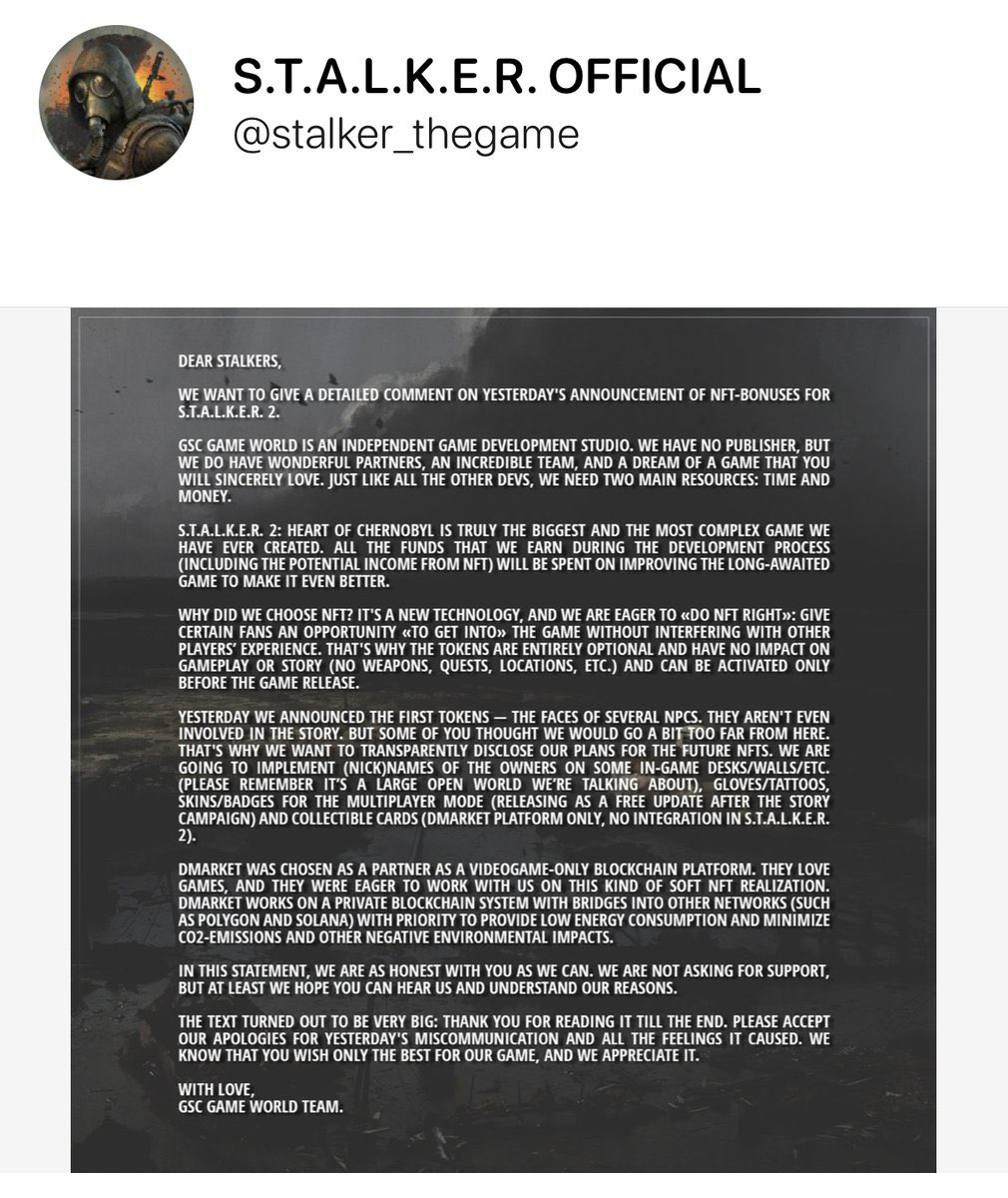 STALKER 2 developers abandon in-game NFT NPC plans after fans revolt -   News
