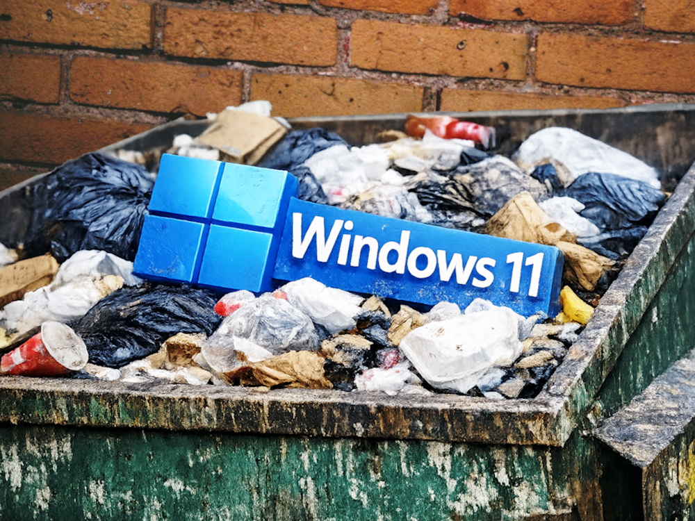 Windows logo in a dumpster. (Image source: ChatGPT Image 1.5; Anastase Maragos on Unsplash; edited)