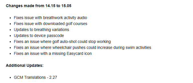 The release notes for software version 15.05 for the Garmin vivoactive 5 and Venu 3 series smartwatches. (Image source: Garmin)