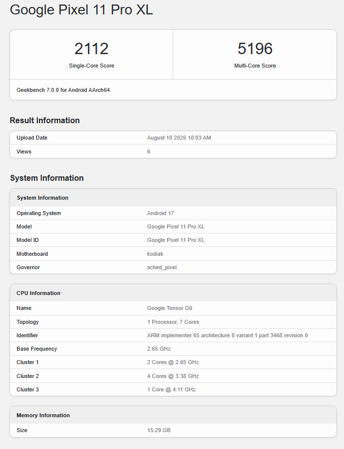 Google Tensor G6 Geekbench listing