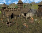 An image showing buildings and characters in Dawn of Man, now 50% off on Steam.