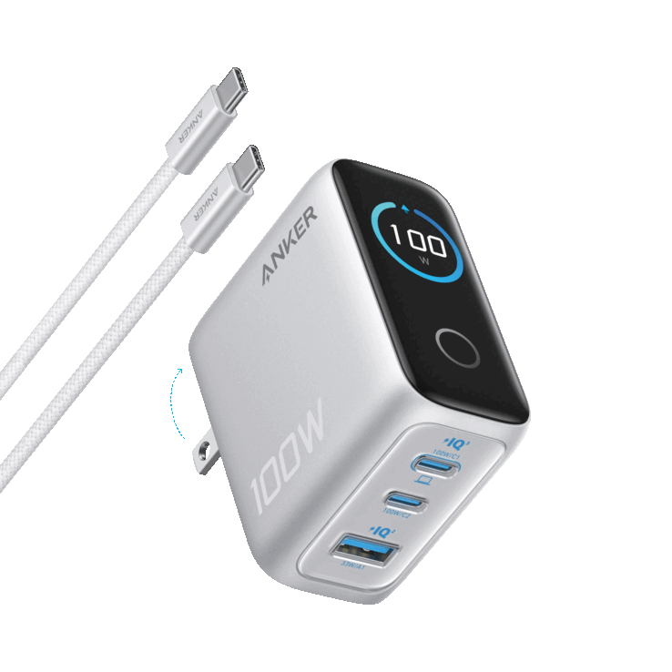 The Anker 100 W GaN charger has a built-in smart display