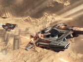 Jump Space ship flying above planet with blaster shots impacting its rear