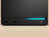 Front view of the Valve Steam Machine with dual USB ports, a USB-C port, a power LED, a round power button and a blue LED strip. (Image source: Valve)