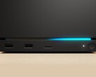 Front view of the Valve Steam Machine with dual USB-A ports, a microSD card slot, a power LED, a round power button, and a blue LED strip. (Image source: Valve)