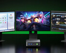 The NucBox K17 mini PC starts at $544.99 with the special discount code. Pictured: the mini PC connected to three displays.