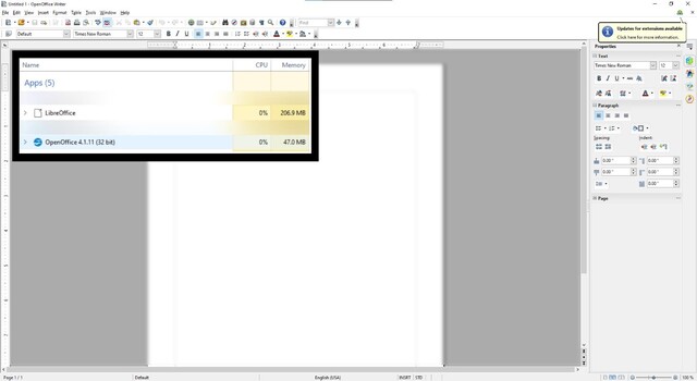 OpenOffice uses less than half the RAM that LibreOffice uses with the same .odt document open. The UI takes advantage of 16:9 displays by using a sidebar instead of a top ribbon. (Image source: author)