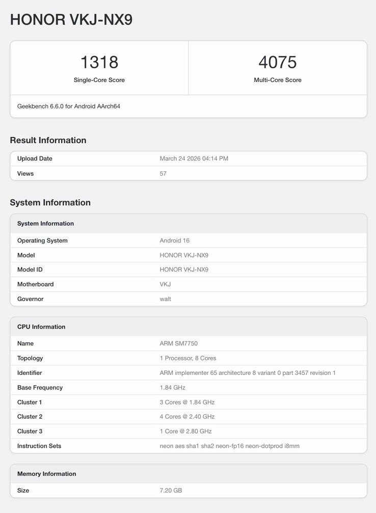 Geekbench listing of the Honor 600.