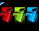 Artistic render of PS5 console and Dual Sense controller in red, green, and blue colors.