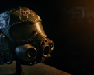 Close-up of the Metro 2039 Collector's Edition Spartan helmet replica, featuring a dark visor, integrated gas-mask elements and battle-worn detailing.