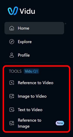 The tools on the left sidebar (picture source: Screenshot on Vidu.com)