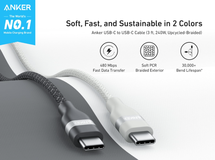 The recently launched Anker USB-C to USB-C Cable (240W, Upcycled-Braided). (Image source: Anker)