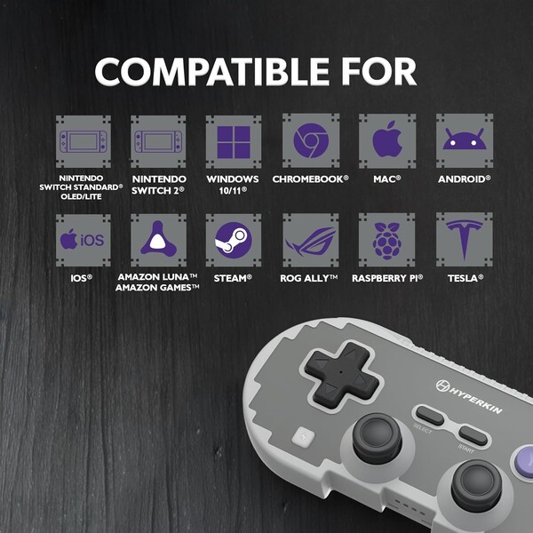 The Hyperkin Retro Pixel Art Wireless Controller supports multiple platforms.