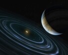 An artist's illustration showing a blue planet and two stars.