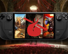 Steam Deck with the cover of the bundle and Humble Bundle logo