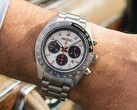 The Prospex Speedtimer Solar HBJ001 with a silver dial and black subdials worn on a wrist, featuring a black tachymeter bezel and stainless steel bracelet.