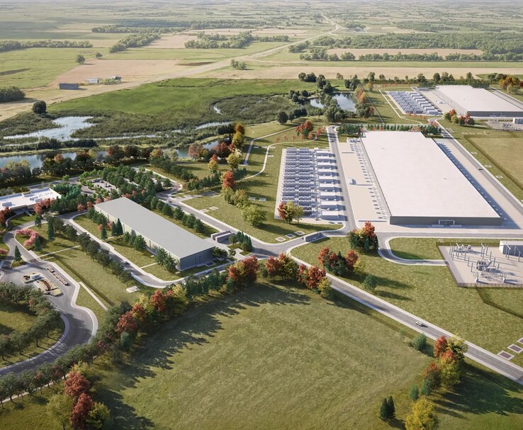 A wide aerial rendering showing Meta’s planned Beaver Dam, Wisconsin data centre, including large server buildings, cooling infrastructure, surrounding green fields, water bodies and nearby substations. (Image Source: Meta)