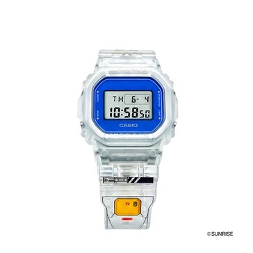 Close-up of the Casio G-Shock DW-5600GM26-7DR with a transparent case, blue bezel surround