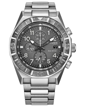 Side view of the Citizen Nighthawk CA0890-54H showing the stainless steel case, crown, chronograph pushers, and bracelet.