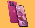 Motorola moto g37 in Pantone Fuchsia Red with rear cameras and front display visible.