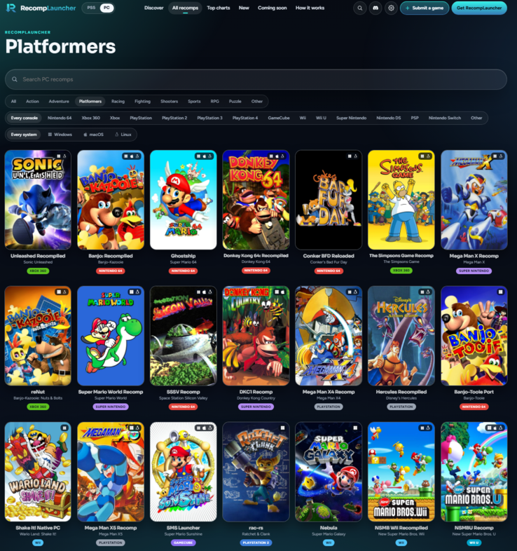 On recomplauncher.com, users can filter games by console and genre. The screenshot shows the filters set to