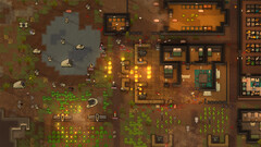 RimWorld gameplay screenshot showing a colony under attack, with fires, animals and buildings.