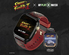 Street Fighter II: My Play Watch gaming watch with a red strap, gold-finished details and a second watch display, against a dark textured background.