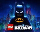 LEGO Batman standing in classic gear against a rain-slicked Gotham City skyline.