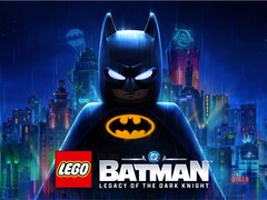LEGO Batman standing in classic gear against a rain-slicked Gotham City skyline.