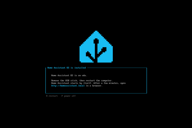 Home Assistant live USB installer showing successful installation of Home Assistant OS.