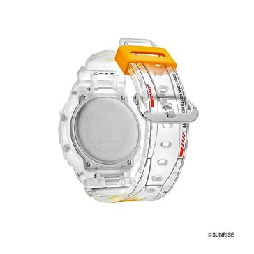 Rear angled view of the transparent Gundam-themed G-Shock showing the stainless steel case back and detailed strap graphics.