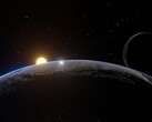 An artist's illustration showing the Earth, the moon, and the sun.