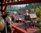 Crimson Desert protagonist Kliff looking out onto a town.