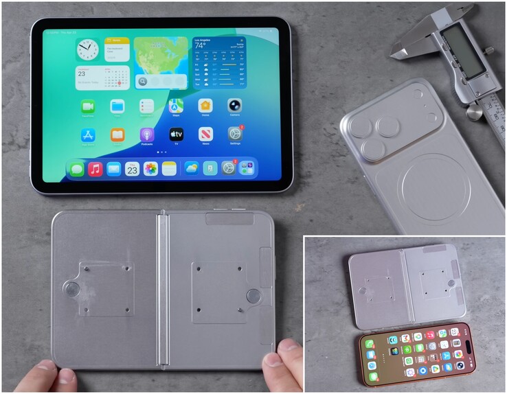 iPhone Ultra/Fold dummy units next to iPad mini, iPhone 17 Pro Max.